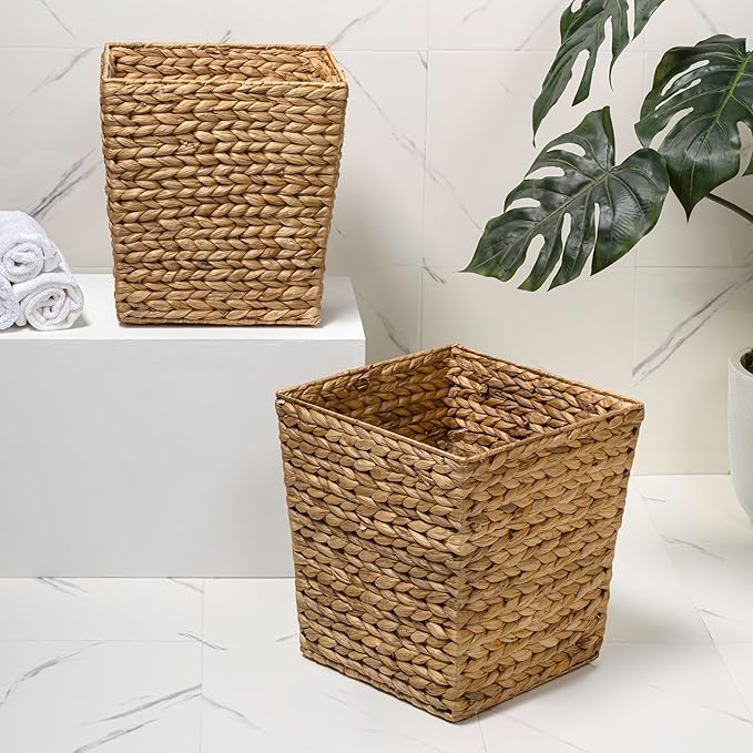 happimess HPM1402A-SET2 Theo Coastal Farmhouse Handwoven Water Hyacinth 4.8-Gallon Tapered Square Wicker Watebasket Natural (Set of 2)