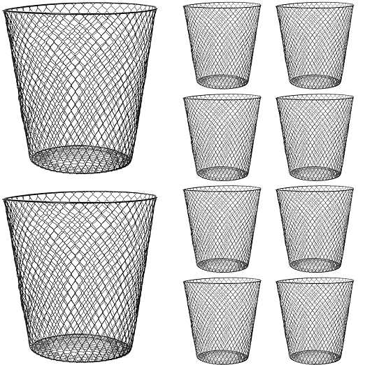 10 Pack 9 inch Round Waste BasketWire Mesh Desk Metal Trash Garbage Can Wastebasket Recycling Black Trash Bins Garbage Container for Bedroom Office School Kitchen Home Living Room Bathroom