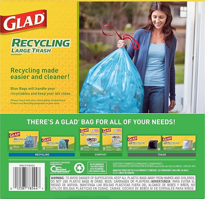 Glad Trash Bags Large Drawstring Garbage Bags 30 Gallon Blue Trash Bags for Large Kitchen Trash Can or Recycling 28 Count - Packaging May Vary