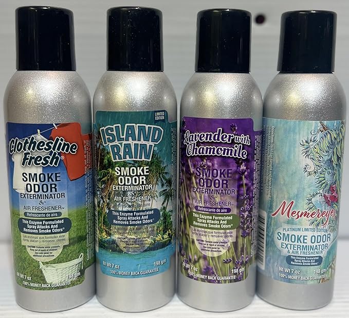 Smoke Odor Exterminator 198 gm/ 7 oz Large Spray Clothesline Fresh Set of Four Cans. Assortment (4) Includes Clothesline Fresh Island Rain Mesmereyes &amp Lavender With Chamomile.