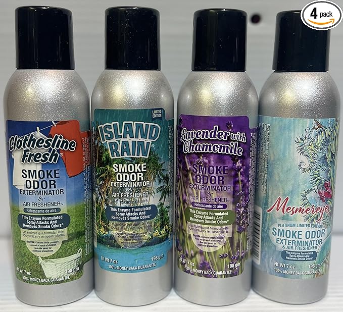 Smoke Odor Exterminator 198 gm/ 7 oz Large Spray Clothesline Fresh Set of Four Cans. Assortment (4) Includes Clothesline Fresh Island Rain Mesmereyes &amp Lavender With Chamomile.