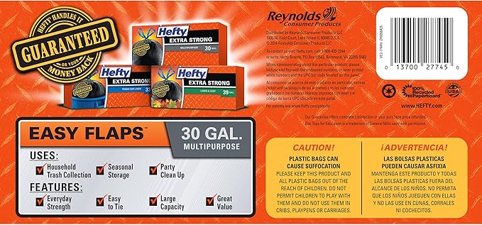 Hefty Easy Flaps Multipurpose Large Trash Bags Unscented 30 Gallon 40 Count