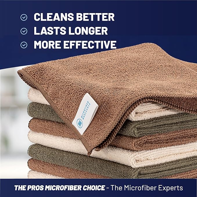MW Pro Multi-Surface Microfiber Towel – Sand Olive Tan 12 Pack |16x16 Premium Cleaning Cloth | Clean Dust Polish Absorb | Large