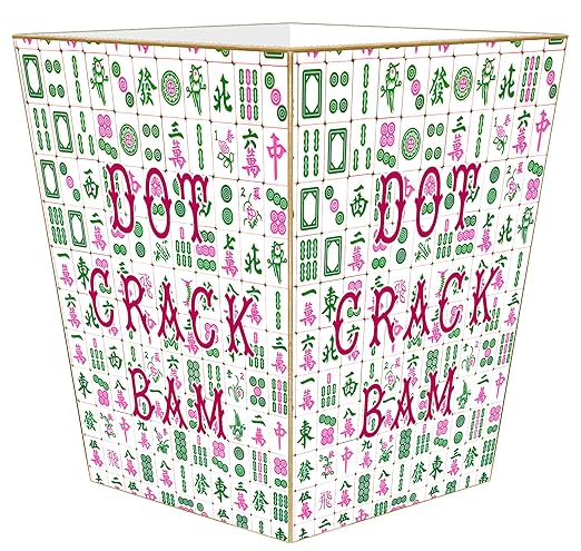 Marye-Kelley Dot Crack bam Mahjong Pink and Green Wastepaper Basket Wood Scalloped Top Waste Basket for Kitchen Bathroom Bedroom Living Room Handmade Made in the USA