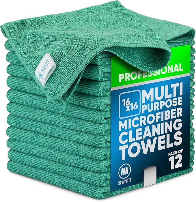 Microfiber Wholesale MW Pro 16x16 Microfiber Wash Cloths - Absorbent Kitchen Dish Rags &amp Counter Wipes - Heavy Duty Scrubbing Towels for Restaurants &amp Food Prep (Green 12-Pack)