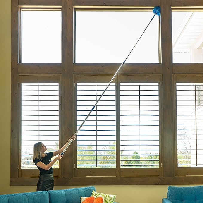 Cobweb Duster Extendable Reach 20 feet Ceiling Fan Duster | 3-Stage Aluminum Telescoping Pole | Medium Stiff Bristles | Long Handle Webster Duster for Cleaning | U.S Duster Co.