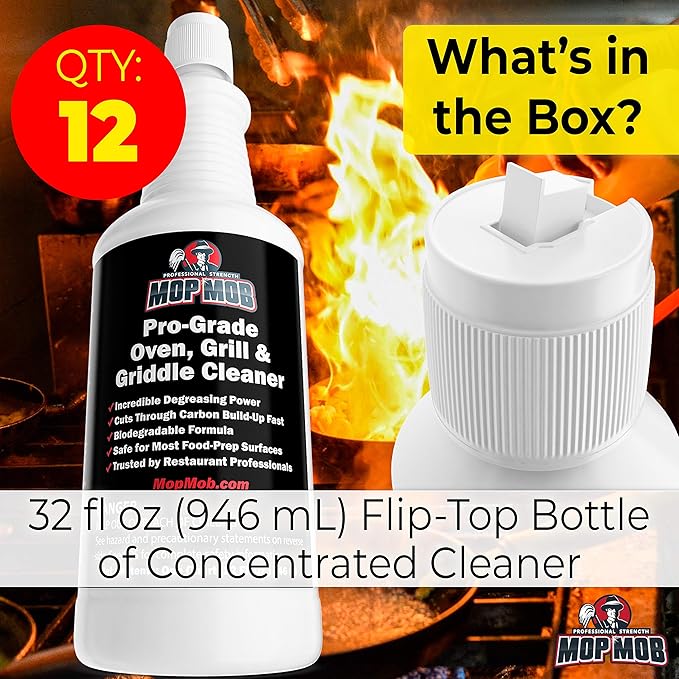 Commercial Grill and Oven Cleaner 32 Oz Concentrate 12Pk. Fast-Acting Heavy-Duty Degreaser Solution Removes Carbon Grime Burnt Food and Oil for Griddles Fryer Baskets and Kitchen Cooking Surfaces.