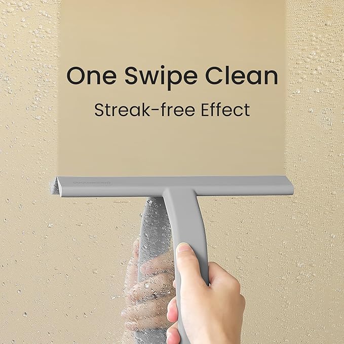 dancemoon JustHang Shower Squeegee for Glass Doors All-in-One Piece Silicone Squeegee with Built-in Hook for Bathroom Window Mirror Tile Wall Car Streak-Free Bathroom Cleaner Tool10 Inch Gray