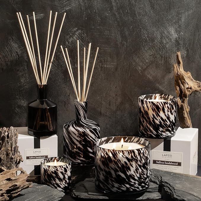 LAFCO New York Signature Fall Reed Diffuser Saffron Sandalwood - 15 oz - Up to 9 Months Fragrance Life - Reusable Hand Blown Glass Vessel - Natural Wood Reeds - Made in The USA