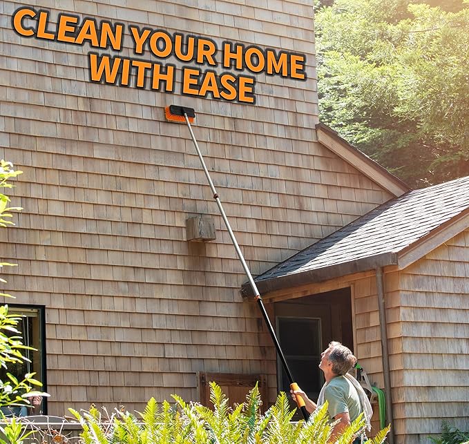 14 Foot Exterior House Cleaning Brush Set with 5-8 ft Extension Pole // Vinyl Siding Brushes with Telescopic Extendable Pole &amp Window Cleaning Squeegee Tool // The Ultimate Extension Scrub Brush S