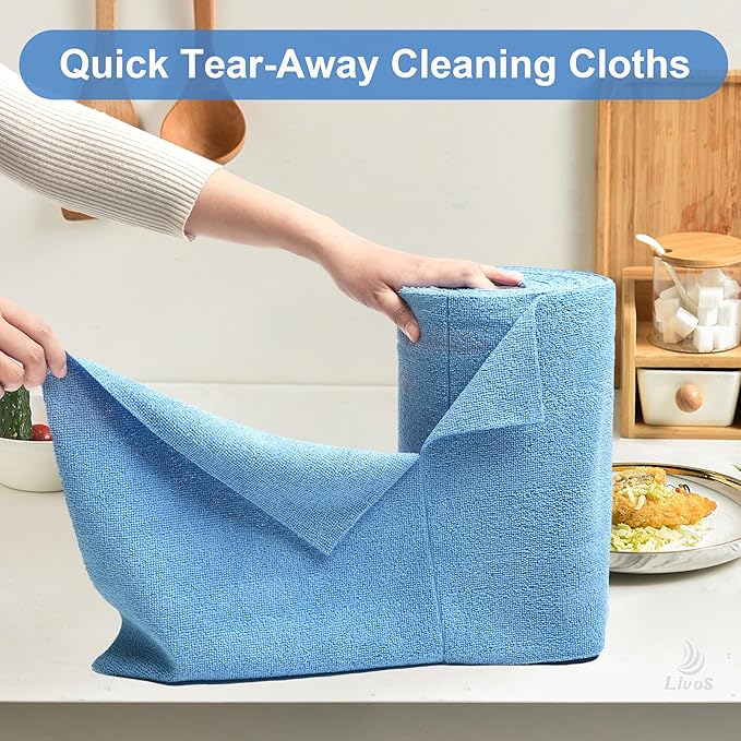 LIVOS Microfiber Cleaning Cloth Roll - 80 Pack Reusable Paper Towels Blue Tear Away Microfiber Towels for Cars Super Absorbent Lint Free Cleaning Rags for House Kitchen Window-11.5x11.5