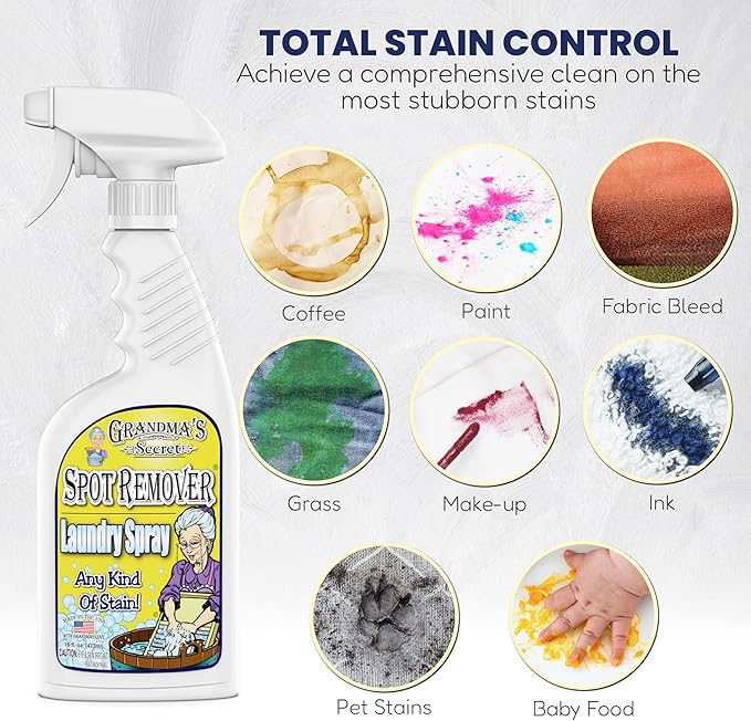Grandma's Secret Spot Remover Laundry Spray - Chlorine Bleach and Toxin-Free Fabric Stain Remover for Clothes - Removes Oil Paint Blood and Pet Stains - 16 Oz 2 Pack