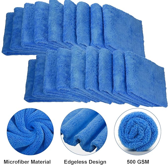 Shimeyao 40 Pcs 16 x 16 Inch Edgeless Microfiber Plush Towels for Cars Detailing Drying Wash Polishing Absorbent Cleaning Cloths 500 GSM(Blue)