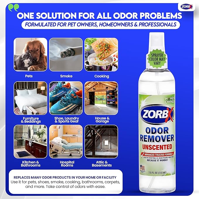 ZORBX Unscented Odor Eliminator for Strong Odor 7.5 Fl Oz Pack of 4 - Used in Hospitals &amp Healthcare Facilities - Advanced Formula Fast-Acting Odor Remover Spray for Dog Cat House &amp Carpet