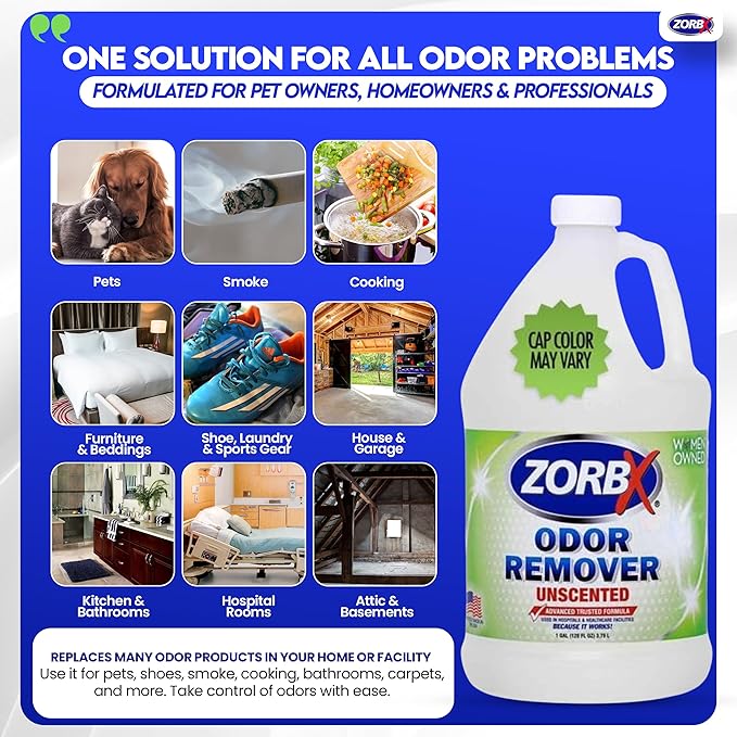 ZORBX Unscented Odor Eliminator Spray 128 Oz 1 Gallon - Used in Hospitals &amp Healthcare Facilities - Advanced Trusted Odor Remover Formula - All-Purpose Deodorizer for Dog Cat Home Carpet &amp