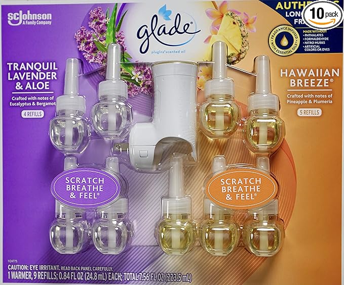 Glade Plugins Lavender Aloe &amp Hawaiian Breeze 9 Scented Oil Refills and 1 Warmer