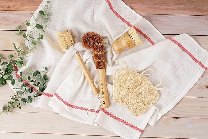 Plant-Based 6pcs Kitchen Brush Set by HELLO NATURE Sustainable &amp Biodegradable Natural Fibre Bamboo Dish BrushBottle BrushPot Brush &amp 3 Natural Loofah Sponges Zero-WastePlastic Free Kitch
