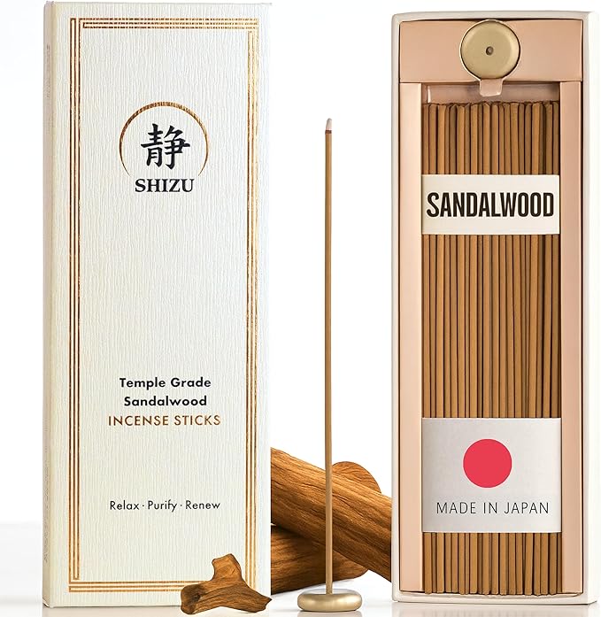 Shizu Sandalwood Incense Sticks – Artisanal Temple Grade Japanese Incense with Brass Holder – Calming Scent for Relaxation Meditation &amp Home Spa Elegant Gift Set (60 Sticks)