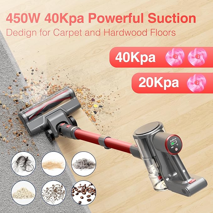 Zefiro Cordless Vacuum Cleaner45Mins Runtime Vacuum Cleaners for Home Anti-Tangle and 1.5L Dust Cup Lightweight Vacuum for Hardwood Floor Carpet Pet Hair