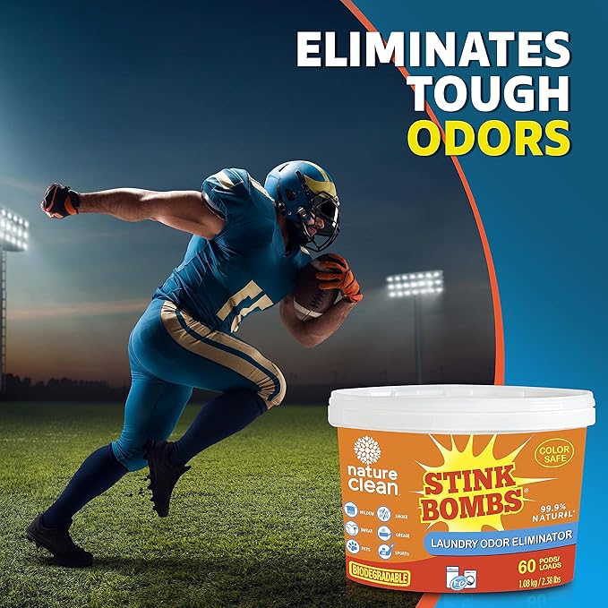 Nature Clean Stink Bombs Laundry Odor Eliminator Pods for Clothes Removes Pet Sweat Grease Mildew &amp Sports Odors Laundry Deodorizer for Home Use 60 Count (Pack of 1)