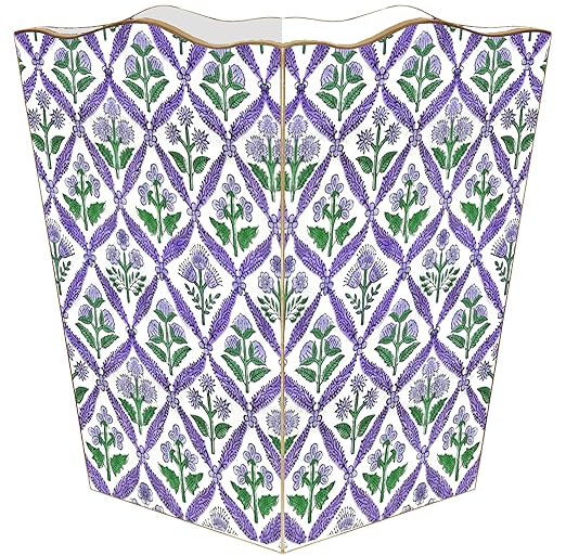 WB6423-Lavender Block Print Floral Wastepaper Basket Floral Décor Decoupage Wood Scalloped Top Decorative Wastebasket for Kitchen Bathroom Bedroom Living Room Office Handmade Made in the USA