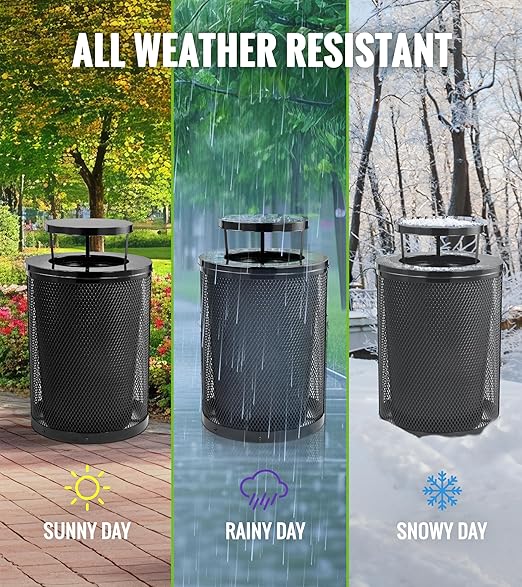 Alpine Outdoor Trash Can 36 Gallon Diamond Steel Commercial Metal Waste Bin with Leak Proof Liner Heavy Duty Steel Mesh Design Rain Bonnet Lid &amp Flat Lid for Parks Streets and Public Spaces-Bl