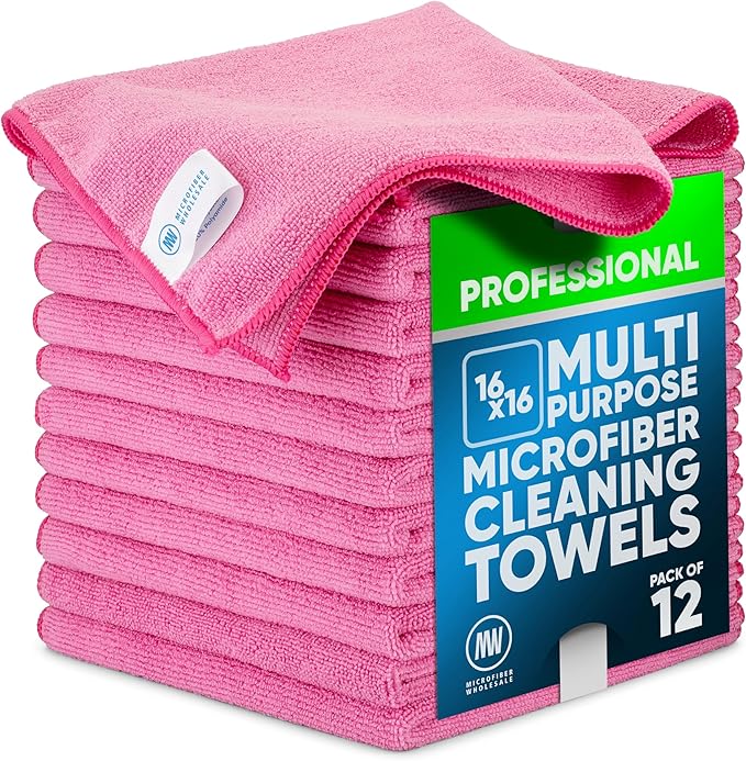 MW Pro Microfiber Cleaning Cloth | Pink | 12 Pack | 16” x 16” | All Purpose Microfiber Towels - Clean Dust Polish Scrub Absorbent