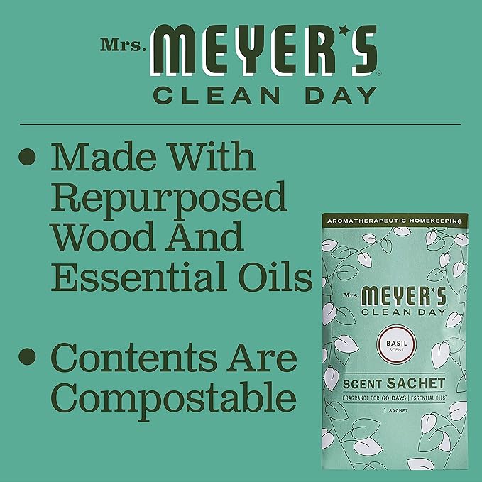 MRS. MEYER'S CLEAN DAY Air Freshener Sachets Fragrance for your Locker Car Closet and Gym Bag Basil Pack of 3