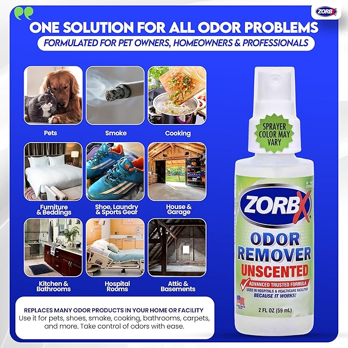 ZORBX Unscented Odor Eliminator for Strong Odor 2 Oz Pack of 24 - Used in Hospitals &amp Healthcare Facilities - Advanced Trusted Formula Fast-Acting Odor Remover Spray for Dog Cat House &amp Ca