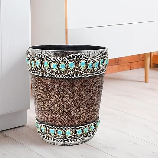 Decorative Resin Faux Leather Small Wastebasket with Turquoise Gem - Southwestern Rustic Trash Bin for Bathroom Bedroom and Kitchen - Small Decorative Wastebasket for Home or Office Décor