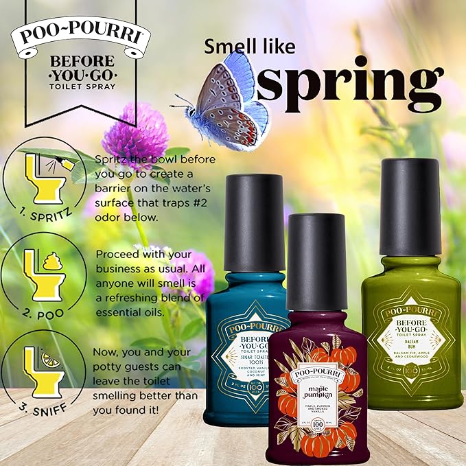 Poo-Pourri Before-You-Go Toilet Spray Spring 2 Oz Variety Pack– Maple Pumpkin Sugar Toasted Toots and Balsam Bum