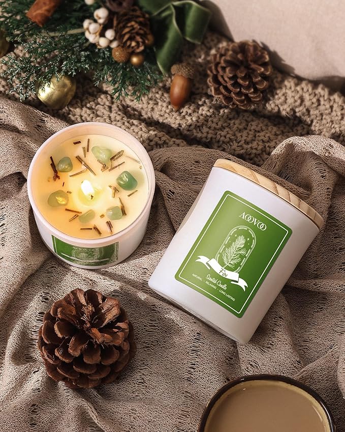 AOOVOO Fir Scented Candles for Women - Aromatherapy Candle with Crystals Inside 10oz Soy Candles for Home Scented Birthday Gifts Valentines Day Candle for Women Mom