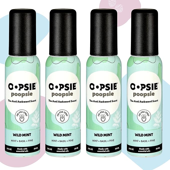Oopsie Poopsie Pre Poop Spray - 4 Pack Natural Pre Poo Toilet Spray for Bathrooms Trap Odors &amp Eliminate Embarrassment 2oz Travel Size Pre Poo Air Freshener Spray (Wild Mint)