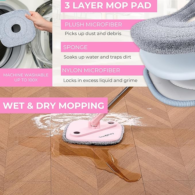 Square Spin Mop &amp Bucket Smart Floor Mop with Separate Compartments for Clean and Dirty Water Self Cleaning 2025 Upgraded Version w/Side Brush &amp Self-Standing Handle Rose