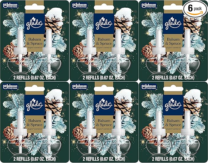 Glade PlugIns Scented Oil Refill 6-Pack Balsam &amp Spruce Holiday Fragrance 0.67 fl oz (12 Total Refills) Air Freshener Oil Refills for Plug-In Warmer