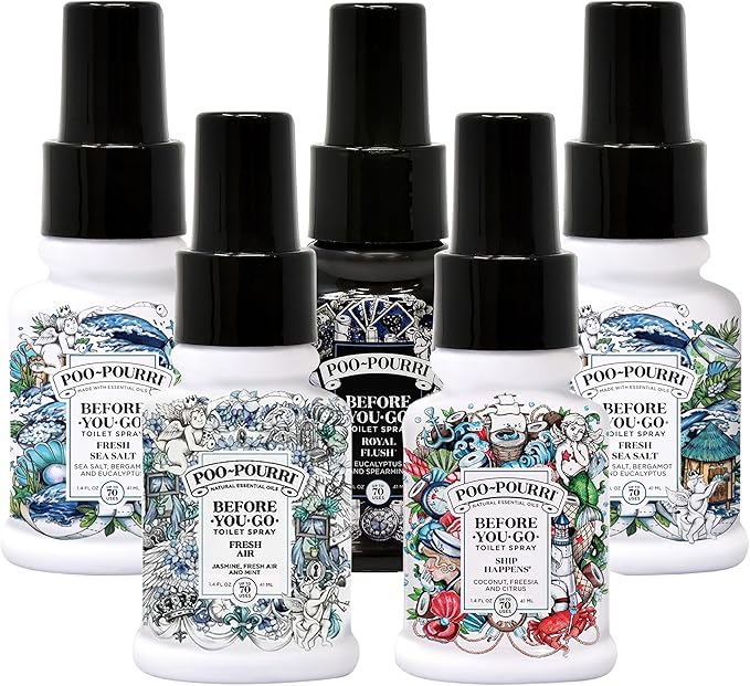 Poo-Pourri Set - Includes Original Citrus Fresh Sea Salt Fresh Air Ship Happens and Royal Flush 1.4 Ounce Bottles