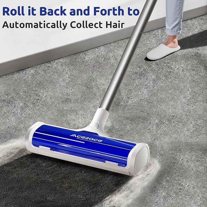 ACE2ACE A3 Pro Carpet Roller for Pet Hair Carpet Pet Hair Removal Tool Reusable Large Lint Rollers 5 Feet Long Handle No Bending No Kneeling Cat Dog Hair Remover for Carpet Rugs Mats Blue