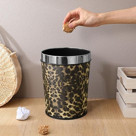 COHEALI Leopard Print Trash Can 5L Retro Stainless Steel Bathroom Wastebasket with Fixing Ring Small Garbage Can for Bedroom Office Kitchen Animal Print Decorative Waste Bucket 10.03x7.87in