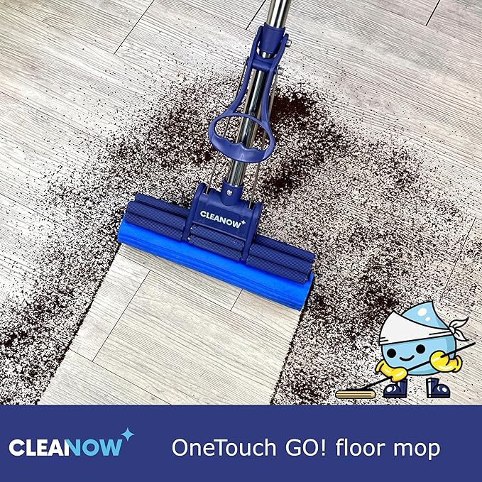 OneTouch GO! Floor Cleaner Wring Mop Cleaning Tool with Wringing Function - Sponge mop for Cleaning Floors- with PVA Sponge and Stainless Steel mop Handle
