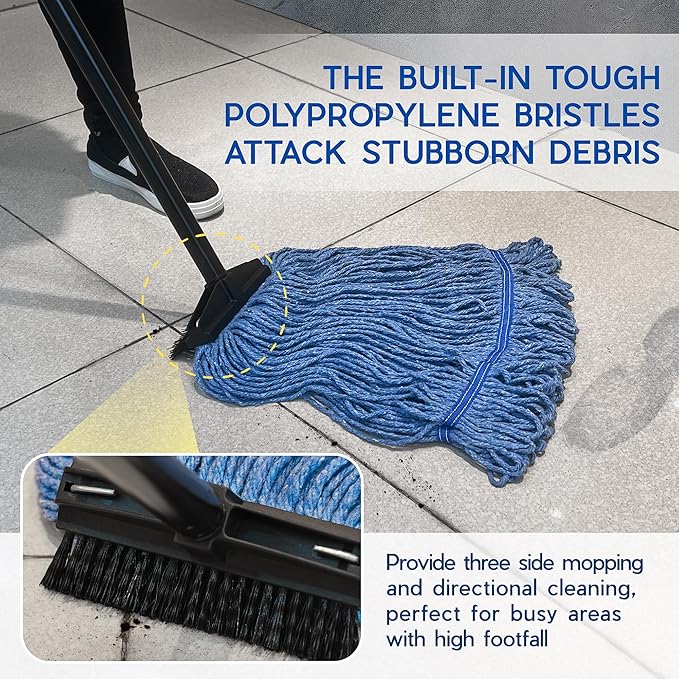 ONESIMUS Large Heavy-Duty Commercial Mop Head Replacement – Screw-On Wet Industrial Cotton Looped String Refill with Built-in Tough Polypropylene Bristle Brush for Floor Cleaning (Blue 6 Pack)