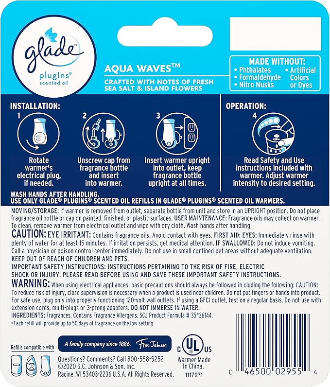 Glade PlugIns Refills Air Freshener Starter Kit Scented and Essential Oils for Home and Bathroom Aqua Waves 4.02 Fl Oz 2 Warmers + 6 Refills