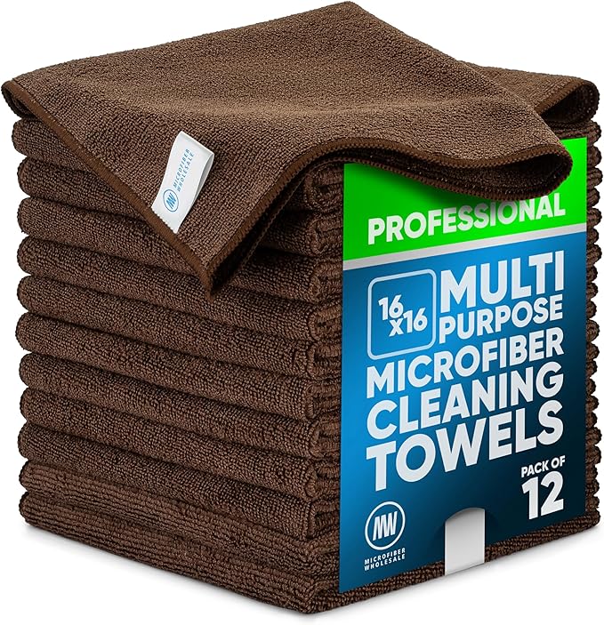 MW Pro Microfiber Cleaning Cloth | Brown | 12 Pack | 16” x 16” | Coffee Barista Espresso Towels - Clean Dust Polish Scrub Absorbent