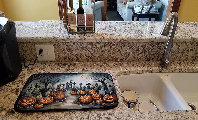 Caroline's Treasures DAC2251DDM La Catrina Skeleton Spooky Halloween Dish Drying Mat Absorbent Dish Drying Mat Pad for Kitchen Counter Dish Drainer Mat for Countertop 14 x 21 Multicolor