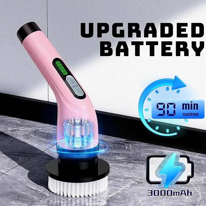Electric Spin Scrubber - Cordless Bathroom Scrubber with 7 Brush Heads - Dual Speed IPX7 Waterproof Power Scrubber for Heavy-Duty Bathtub Glass Tile and Car Cleaning (Pink)