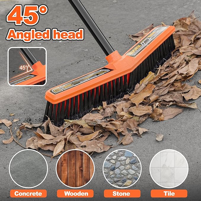 JEHONN Push Broom Outdoor Heavy Duty 15.7 inches V-Shaped Stiff Bristle Commercial Industrial Brush with 61” Long Handle for Garage Warehouse Shop Garden Patio Driveway Yard Street Deck (Orange)