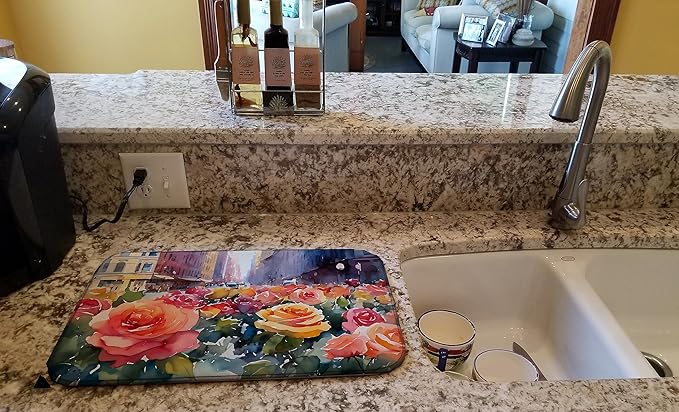 Caroline's Treasures DAC1691DDM New York Roses in Watercolor Dish Drying Mat Absorbent Dish Drying Mat Pad for Kitchen Counter Dish Drainer Mat for Countertop 14 x 21 Multicolor