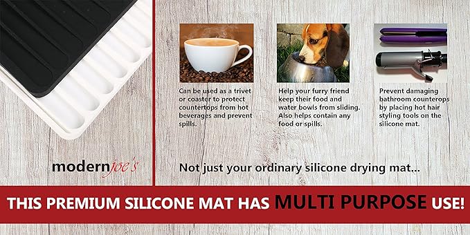 Self-Draining 2 in 1 Silicone Drying Mat and Trivet by Modern Joe's. Premium Space Saving Dish and Glassware Silicone Mat. Made from Food-grade Dish Washer Safe and Heat Resistant (White)