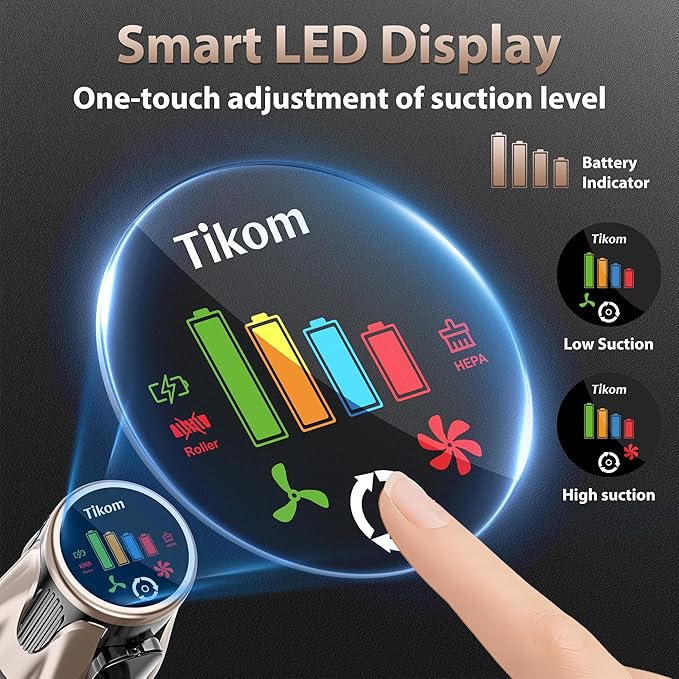 Tikom V850 Cordless Vacuum Cleaner for Home 50000Pa/550W 70Mins Stick Vacuum with LED Touch Screen 1.8L Dust Cup Charging Wall Dock Anti-Tangle Lightweight Vacuum for Pet Hair Hard Floor Carpet