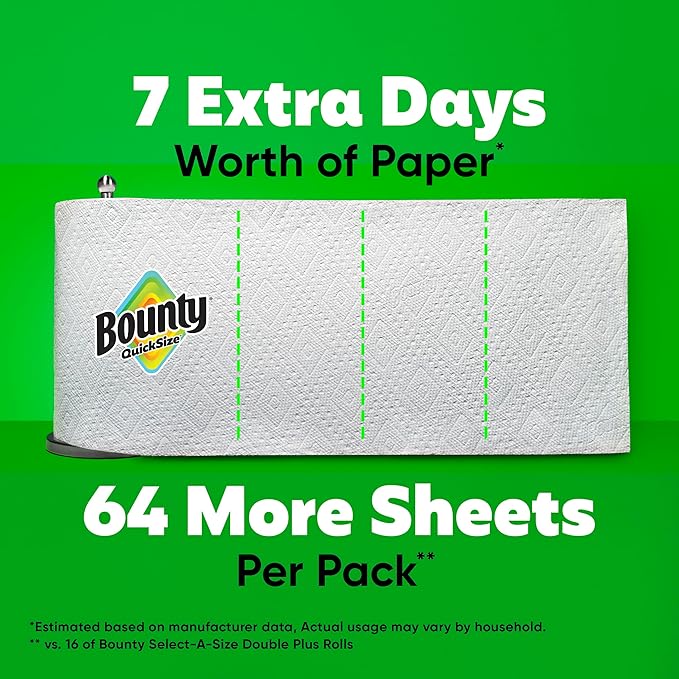 Bounty Paper Towels Quick Size White 16 Family Rolls = 40 Regular Rolls