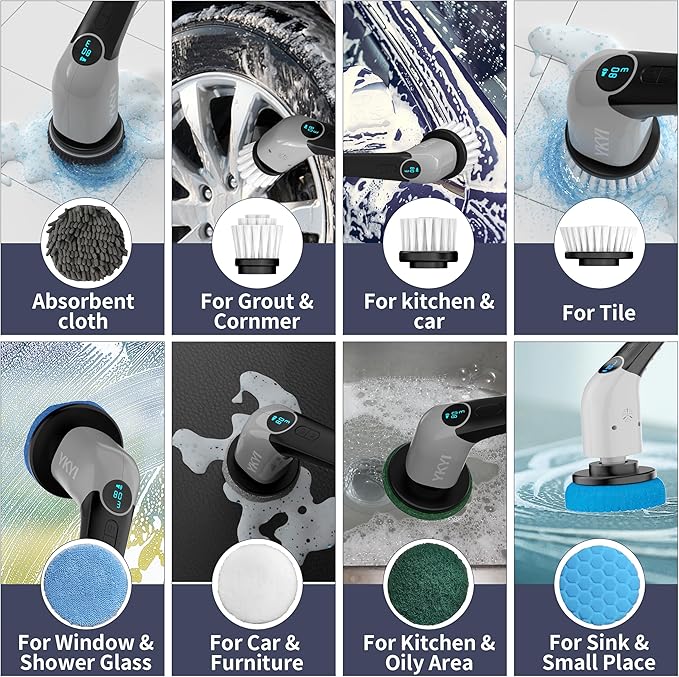 YKYI Electric Spin Scrubber-Cordless Power Scrubber with 8 Brush Heads 3 Speeds &amp Adjustable Long Handle IPX7 Waterproof Shower Cleaning Brush for Bathroom Tile Bathtub Grout Kitchen(Gray)